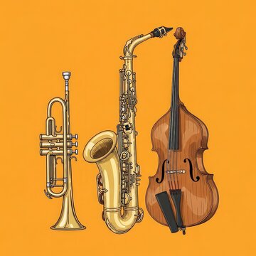 Hand-drawn illustrations of a saxophone, trumpet, and double bass on an orange background, creating a vibrant jazz music design theme, sketch, retro, music