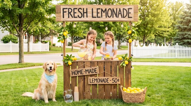 Two happy girls and their golden retriever sell refreshing lemonade on a bright summer international dog day.