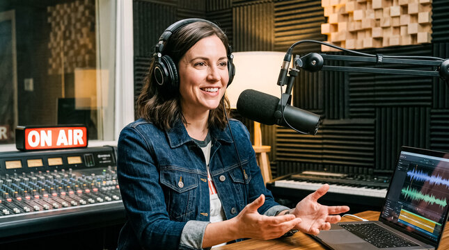 A woman with headphones smiling and speaking into a microphone in a recording studio, with audio equipment and a laptop visible