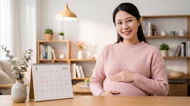 Pregnant asian woman smiling next to a calendar at home