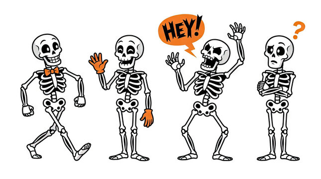 Four funny skeleton characters in expressive cartoon poses.