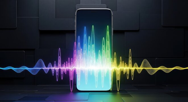 Vibrant smartphone featuring a brilliant display of neon sound waves and rhythmic pulses, set against a dark, artistic, modern backdrop, futuristic, device, smartphone