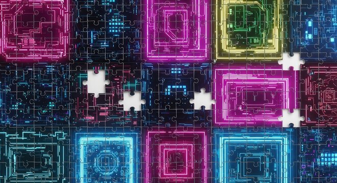 Vibrant technological jigsaw puzzle displays intricate neon circuits and digital patterns across multicolored tiles with several missing gaps, puzzle, cyber, link