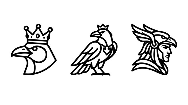 Monochrome vector icon set illustrating a crow wearing a crown a crowned raven a winged warrior profile representing royalty power mythology with mythology medieval historic majestic authority