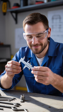 Male technician in a workshop inspecting a small part with a caliper, technical precision, focused work