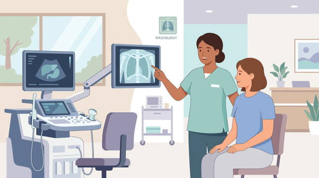 Radiologist explains chest x-ray to patient in clinic, medical illustration