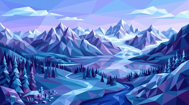 Low Poly Mountain Landscape Background in Blue Violet Tones