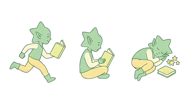 Illustration of small green elf reading and sleeping with books