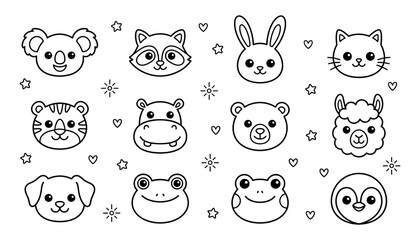 Naklejka premium Cute Animals Avatar Face Vector Illustration Set with Koala Raccoon Rabbit Cat Tiger Hippo Bear Llama Dog Frog and Penguin for Kids Coloring Book Stickers