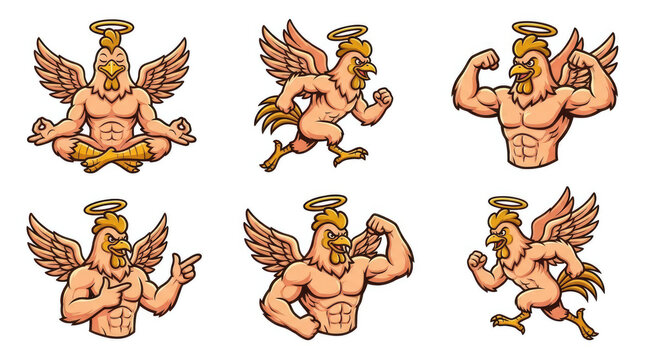Muscular rooster characters with halos in athletic poses.