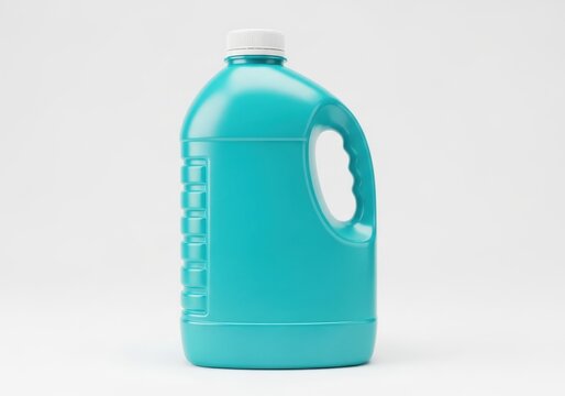 Empty turquoise plastic jug with handle and white cap on plain background isolated on white background