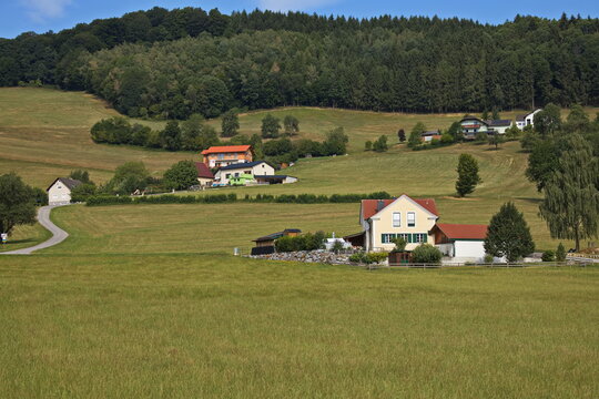 View of the landscape at the village Mainburg from the train "Mariazellerbahn", Lower Austria, Austria, Europe
