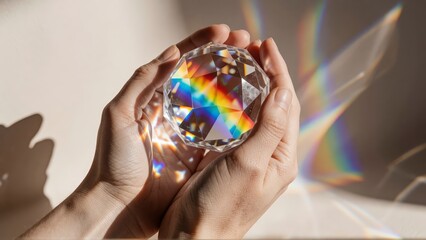 Fototapeta premium Hands holding a faceted crystal prism reflecting a vibrant rainbow spectrum of light