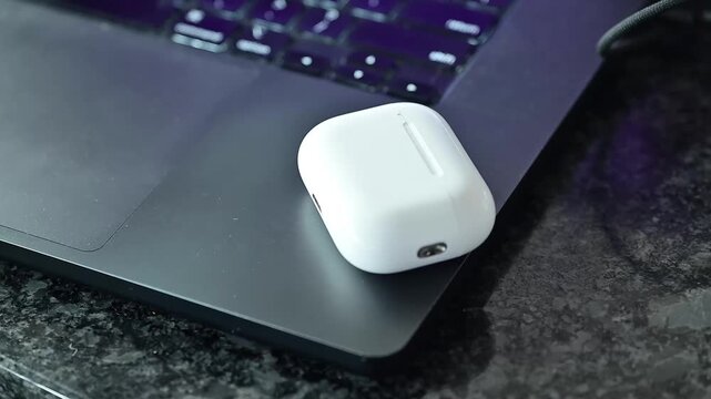 Wireless Earbuds Close Up Modern Audio Technology and Music Device