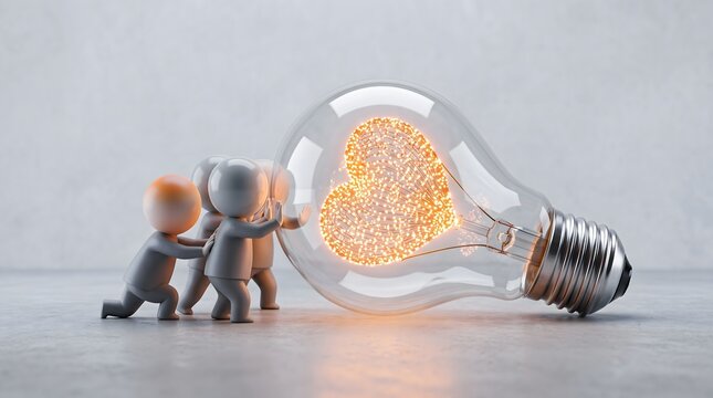 3D Small Figures Team Pushing Light Bulb with Glowing Heart Filament, Teamwork, Love and Passion Concept