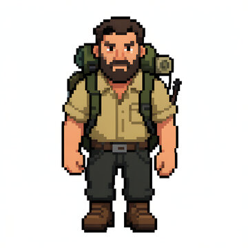 Pixel Art Bearded Explorer Character