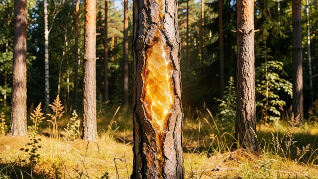 Pine tree trunk with golden resin sap oozing from bark in a sunlit forest woodland scene