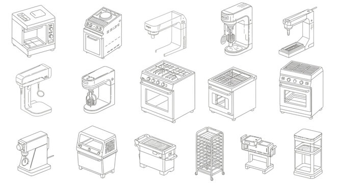Isometric line art icons set of kitchen appliances and commercial cooking restaurant equipment on white background