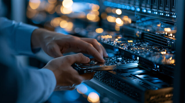 Cropped hands of technician installing hard drive into server rack in bright data center room technology concept engineering maintenance indoor with copy space