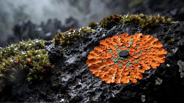 Vibrant orange lichen growing on dark wet volcanic rock in a misty forest environment.