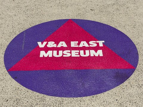Pavement logo for the V&A East Museum, Stratford.  London, England, UK. August  2026.