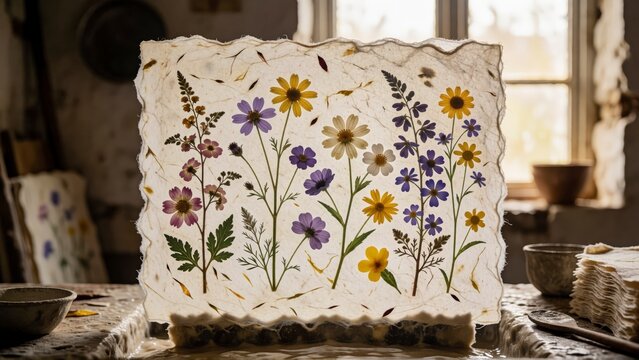 Pressed wildflower arrangement on handmade paper in a rustic artisan workshop studio