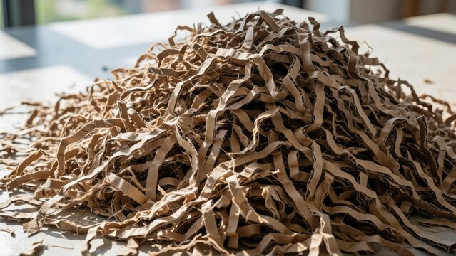 Pile of shredded brown cardboard paper for eco-friendly packaging and recycling material.