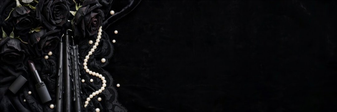 Halloween Black Costume Accessories and Pearls on Dark Banner
