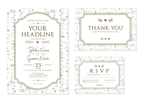 Elegant Brown Botanical Wedding Invitation Suite Vector Template
