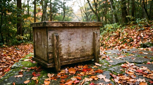 Old rustic wooden chest on a stone path surrounded by fallen autumn leaves in a forest