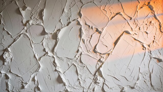 White textured plaster wall background with soft sunset light and rough stucco surface
