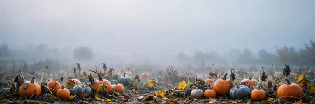 Halloween Foggy Pumpkin Field with Misty Tree Line Banner