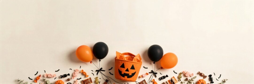 Halloween Jack O Lantern Balloons and Confetti on Cream Banner