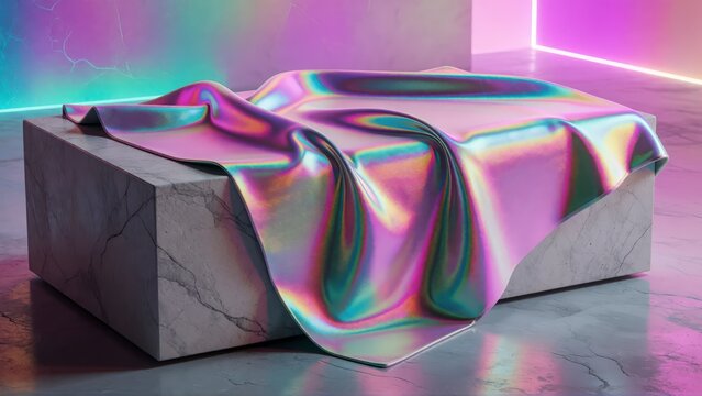 Holographic fabric draped over a stone pedestal with vibrant neon lighting and reflections.