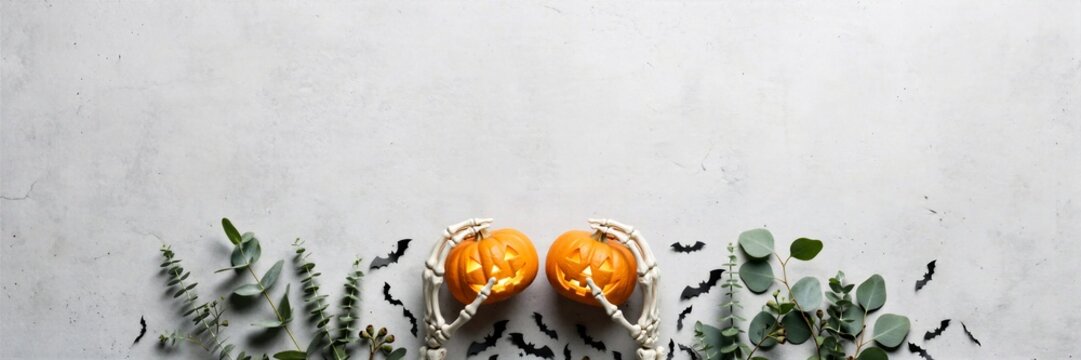 Halloween Mini Pumpkins Eucalyptus and White Copy Space Banner