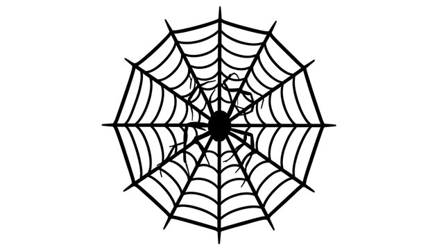A spiky black spider web graphic with jagged threads surrounds a small black spider on a white background, created with generative ai.
