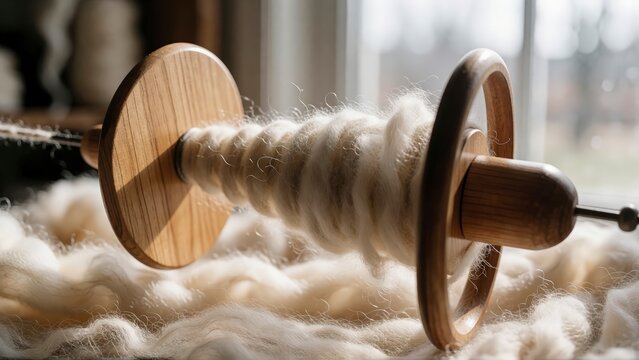 Wooden spinning wheel bobbin with raw sheep wool fiber for traditional textile crafting