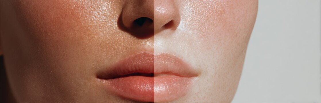 Close up shot of human face focus on skin texture and lips soft lighting