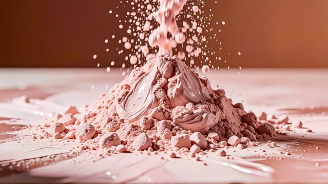 Pink cosmetic powder explosion and liquid makeup splash on a soft neutral background.