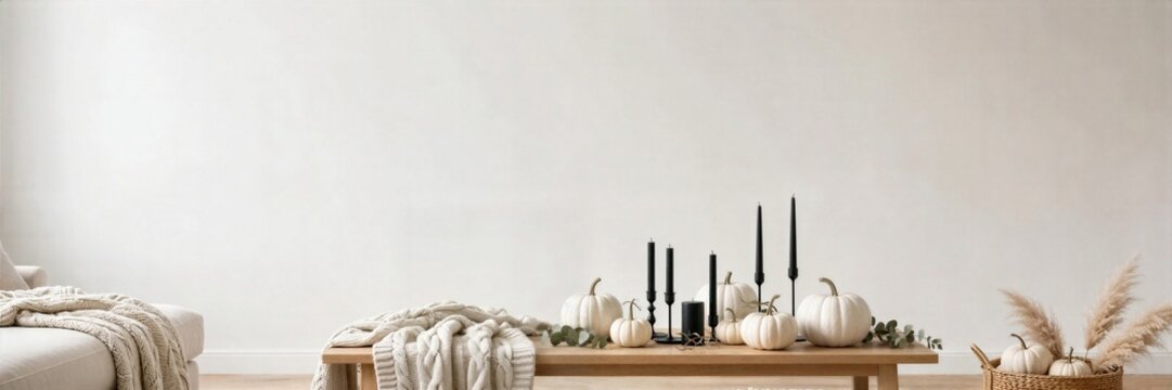 Halloween White Sofa and Black Pumpkins in Minimal Room Banner