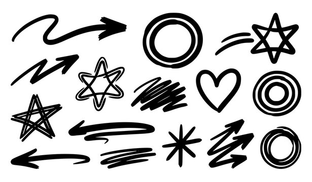 bold permanent marker doodle arrows and thick felt tip pen underline strokes with emphasis highlight circle star icons