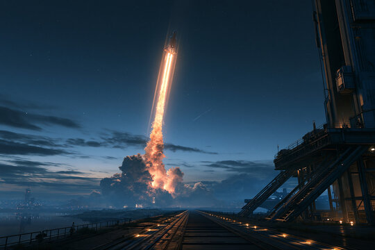 Powerful rocket launch from a modern spaceport at night.