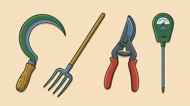 Garden tools set vector illustration including sickle fork pruner and soil meter with agriculture equipment illustration collection instrument isolated