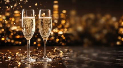 Champagne glasses with sparkling bubbles and golden confetti celebration