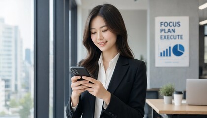 Fototapeta premium Businesswoman in a suit using a smartphone in a modern office with a focus plan execute sign