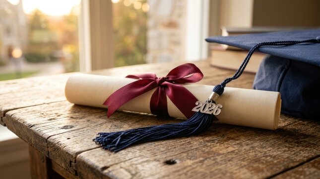 Rolled graduation diploma with a deep red ribbon and blue academic cap featuring a metallic 2026 tassel rests on a rustic wooden table illuminated by warm soft golden morning light