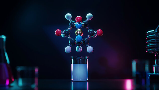 Abstract molecular structure with glowing blue and red spheres on a dark background