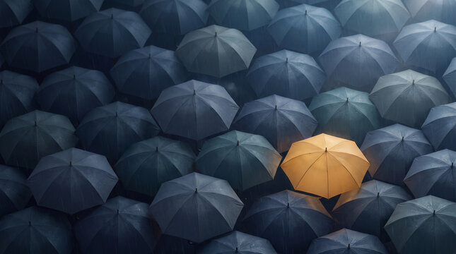 Unique selling proposition concept featuring bright yellow umbrella emerging from dark crowd representing individuality and corporate leadership