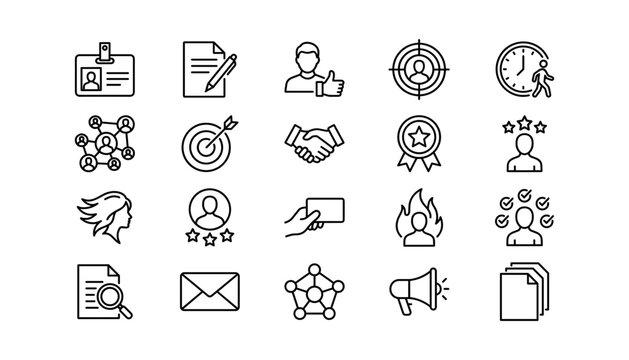 Human Resources and Recruitment Process Outline Line Icon Set with Target Candidate Profile Evaluation Workplace Partnership and Employee Hiring Document Symbols