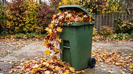 Obraz premium Overflowing outdoor garbage bin filled with colorful fallen autumn leaves, representing seasonal yard cleanup, garden maintenance, organic waste and fall housekeeping